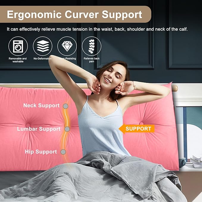 Large Triangular Headboard Pillows Long Backrest Positioning Support Bolster Cushion for Daybed Fluffy Quality Plush Body Wedge Pillow with Removable Cover(Pink -Cal King-71x8x20 in)