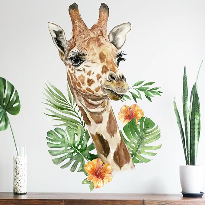 Mfault Safari Giraffe Wall Decals Stickers, Jungle Animal Palm Leaves Hibiscus Nursery Decorations Bedroom Art, Tropical Plant Woodland Neutral Toddlers Kids Baby Room Playroom Decor