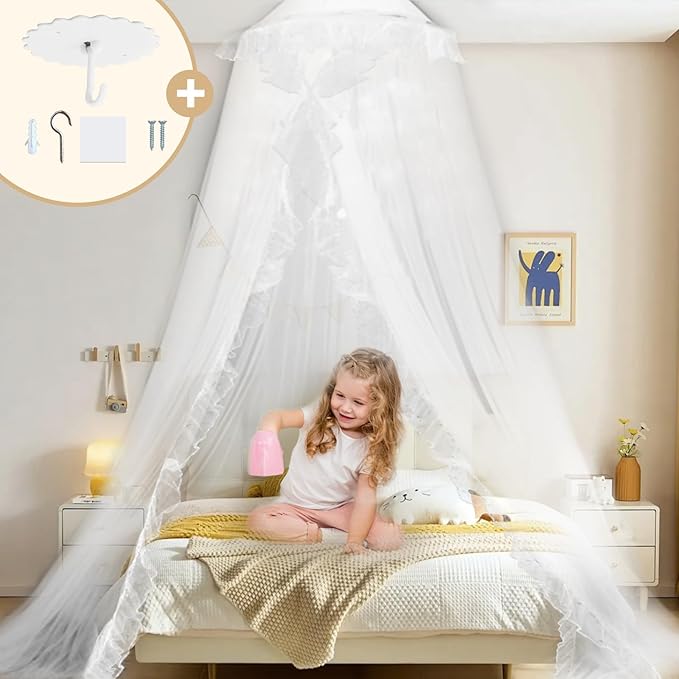 Daksha Princess Bed Canopy for Girls Room, Top and Door Trim with Lace Design, White Bed Canopy with Ruffles Fits Single, Twin, Full, and Queen Beds, Bedroom Decoration