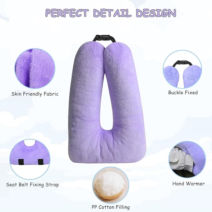 Kids Travel Pillow for Car Seat with Hand Muff, Cartoon Neck & Headrest Seat Belt Pillow for Car Road Trips Long-Distance Travel Sleeping Pillow for Adults and Children, Light Purple