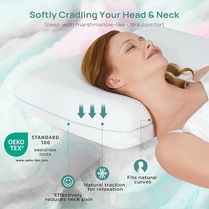 Soft Cooling Memory Foam Pillow, Neck Pillow for Sleeping, Cervical Neck Pillow for Side Sleepers, Back Stomach Sleepers, Ergonomic Pillow for Neck Pain Relief, Orthopedic Deep Sleep Pillow