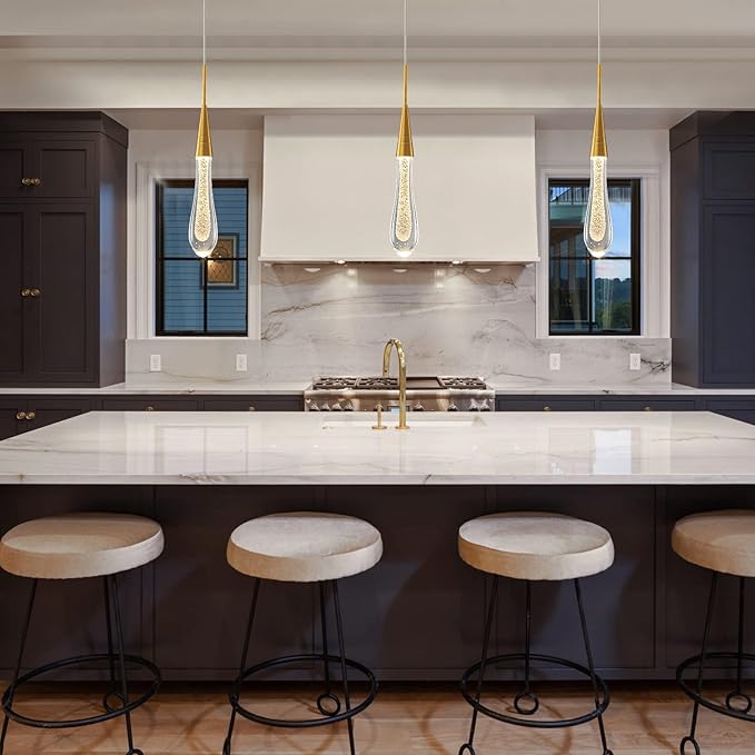 LMQNINE Kitchen Light Fixtures Ceiling Dimmable LED Modern Gold Pendant Light Mini Teardrop Crystal Pendant Light for Kitchen Island Bedroom Hallway Entryway (2-Pack)