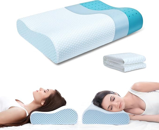 Memory Foam Pillows Cooling Pillow for Hot Sleepers Neck Pillow Bed Pillow for Sleeping Ergonomic Cervical Pillow Orthopedic Contour Pillow for Side Back-Blue White
