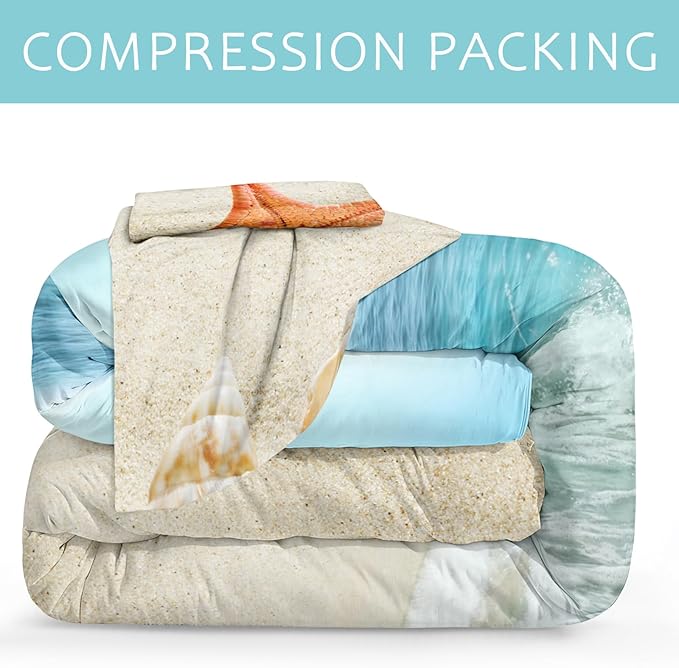 Bedbay Beach Theme Comforter Queen Seashell Comforter Set Beach Room Decor Starfish Seashore Beach Quilt Set 4 Pcs Beachy Comforter Set Coastal Bedding Quilt Set for All Seasons(Conch,Queen)