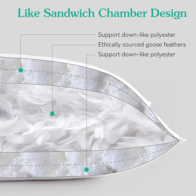 Three Geese White Goose Feather Bed Pillows Queen Size Set of 2- Soft 600 Thread Count 100% Cotton, Medium Firm,Soft Support Surround Fill Polyester (Standard Size:Pack of 2)