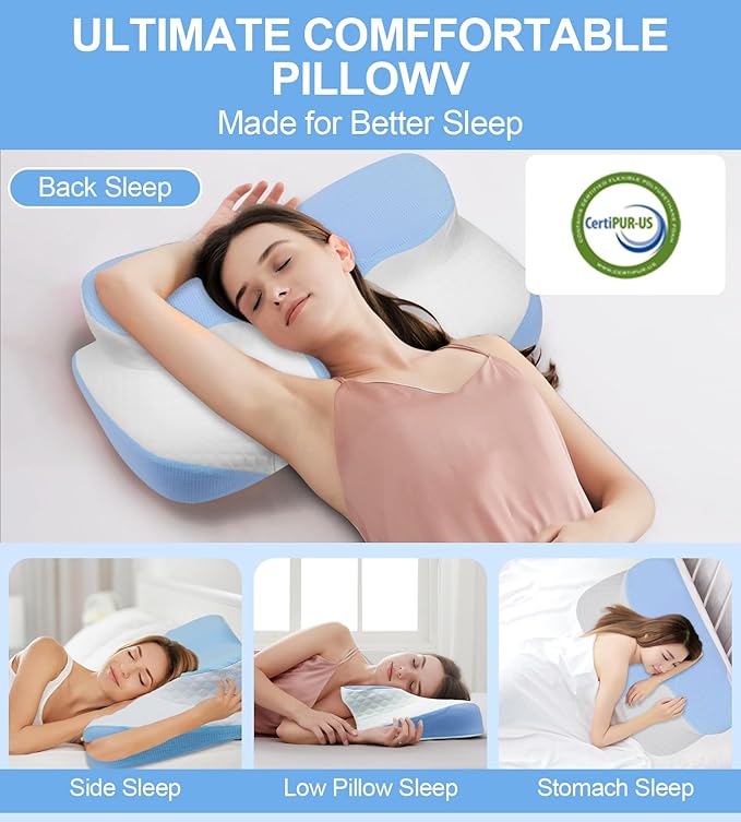 Bed Sleep Contour Memory Foam Pillow, Cervical Pillow for Neck and Shoulder, Ergonomic Neck Support Pillow for Side Back Stomach Sleepers with Pillowcase (Blue)