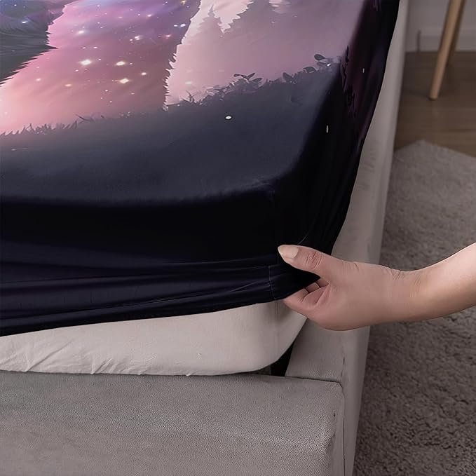 AILONEN Bear Fitted Sheet Set Queen Size, Evening Starry Sky Forest Bear Bed Sheet Set Decor,Animal Bear Wildlife Fitted Sheet and 2 Pillowcases,3 Pieces