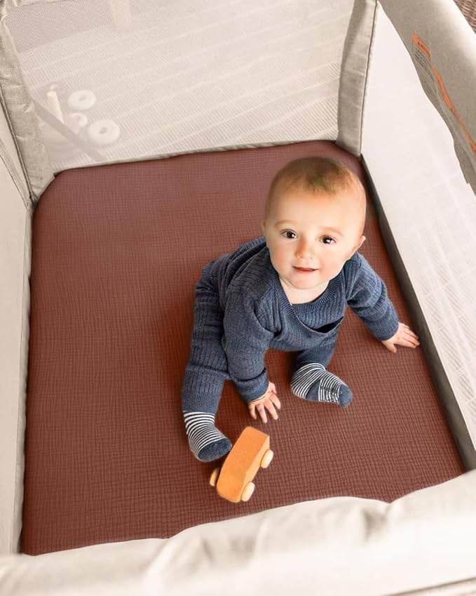 Blissful Diary Muslin Mini Crib Sheets, Pack and Play Mattress Sheets Fitted for Pack N Play, Soft Cotton for Boys Girls, 2 Pack(Rainbow&Cedar)