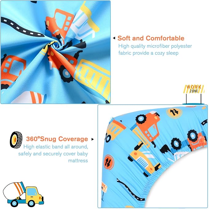 JISEN Baby Crib Sheets Soft Breathable Fitted Crib Sheets Baby Sheet for Standard Crib and Toddler Mattress Baby Bed Sheets for Crib for Baby Boys Girls Neutral 52x28 Inch Blue Trucks