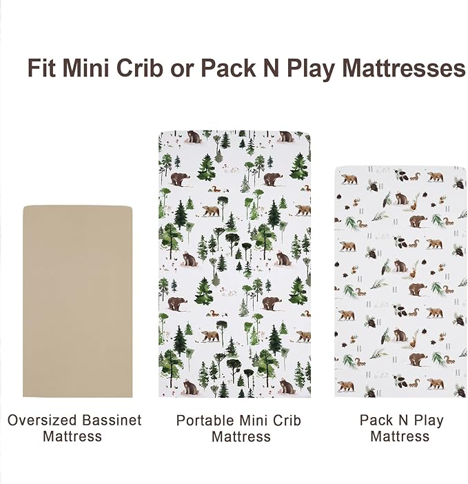 david's kids 3 Pack Mini Crib Sheets, Premium Pack N Play Sheets for Boys Girls Neutral, Soft Breathable Baby Sheets Fit Pack N Play, Playard and Mini Crib Mattresses, Woodland Animals