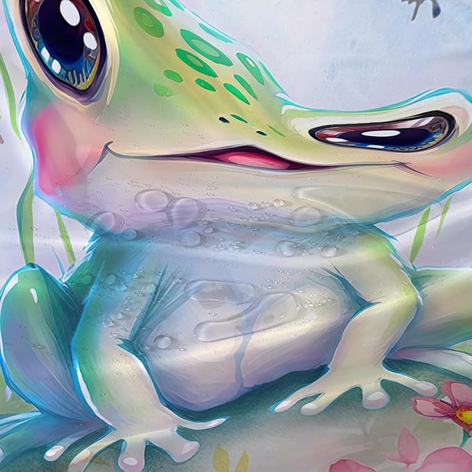 AILONEN Cartoon Frog Shower Curtain,Kawaii Frog Waterproof Fabric Bath Curtain for Kids Girls,Watercolor Blue Flower with Butterfly Shower Curtain Set for Bathroom with Hooks,36" W*72" H