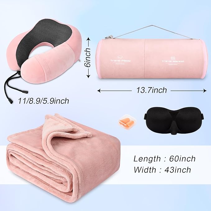 Travel Pillow and Blanket Set Neck Pillows Travel Essentials with Sleep Mask for Airplane Car Memory Foam Pink