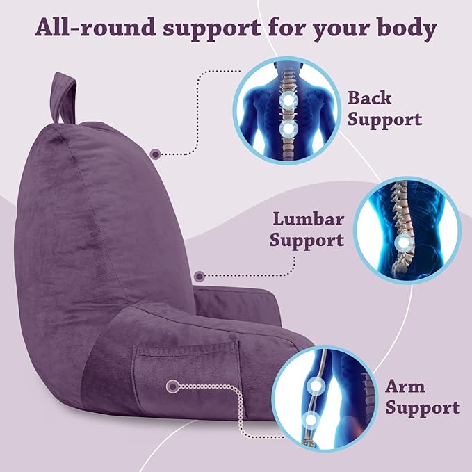LOVTEX Reading Pillow with Removable Cover, Back Pillow for Sitting Up in Bed with Arms and Pockets, Bed Rest Pillow Adult, 20 x 15 Inches(Lavender)