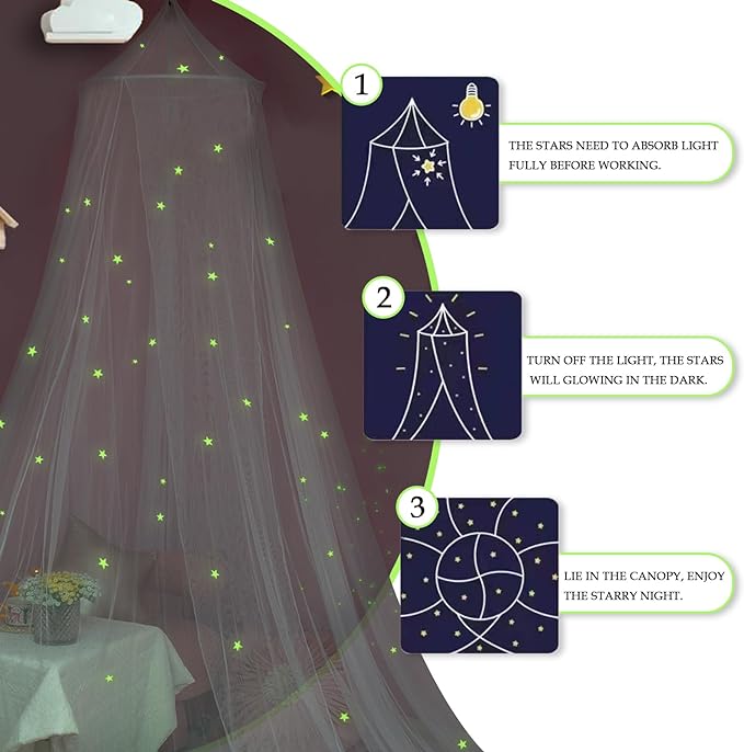 Daksha Princess Bed Canopy for Girls with Glowing Stars, Bed Curtains for Kids, Ceiling Tent, White Room Decor, Fits Twin, Full and Queen Size Beds