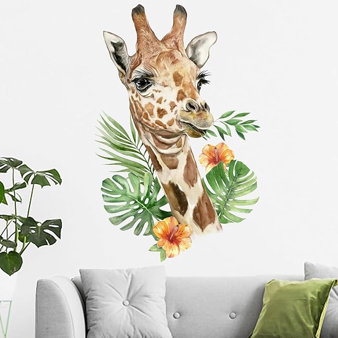 Mfault Safari Giraffe Wall Decals Stickers, Jungle Animal Palm Leaves Hibiscus Nursery Decorations Bedroom Art, Tropical Plant Woodland Neutral Toddlers Kids Baby Room Playroom Decor