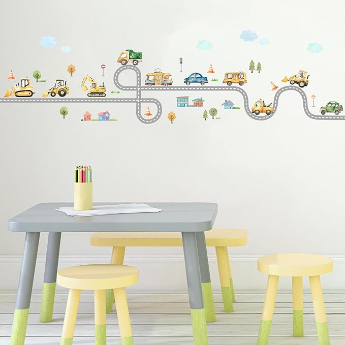 Kids Car Road Wall Decals Truck Pictures for Toddler Walls 43PCS Transports and Road Wall Stickers Wallpaper Peel and Stick Daycare Traffic Signal Wall Art Excavator Wall Decal for Playroom Nursery