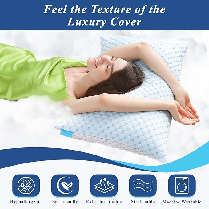 Cooling Pillows Standard Size Set of 2, Shredded Memory Foam Pillow Adjustable Bed Pillows Firm Pillow with Removable Washable Cover and Extra Filling Pack