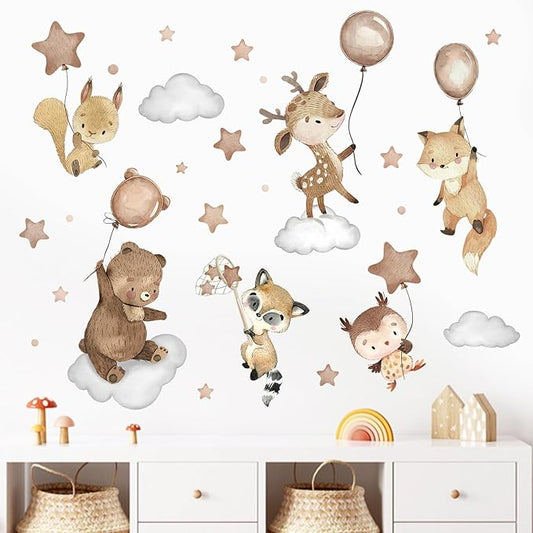 Mfault Jungle Baby Animals Wall Decals Stickers, Woodland Bear Deer Owl Fox Squirrel Raccoon Nursery Decorations Boys Girls Bedroom Art, Cloud Stars Balloon Neutral Toddlers Kids Room Playroom Decor