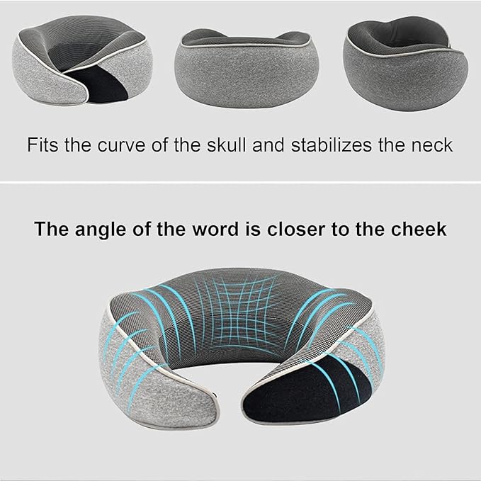 Portable Travel Pillow,Memory Foam Neck Pillow for Travel,Neck Support Pillow for Airplane with Eyemask,Earplugs and Storage Bag(Grey)
