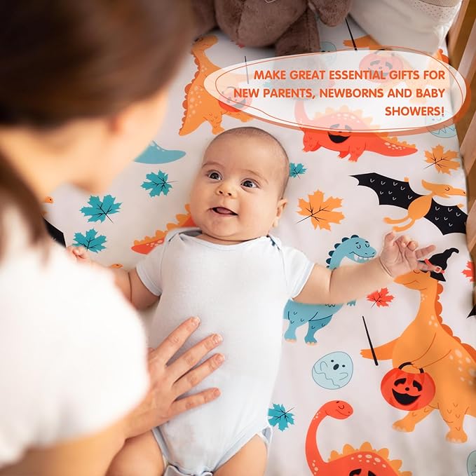 JISEN Baby Crib Sheet 1 Piece Portable Fitted Crib Sheet for Standard Crib and Toddler Mattresses Nursery Bed Decor for Boys Girls 28x52 Halloween Dinosaurs