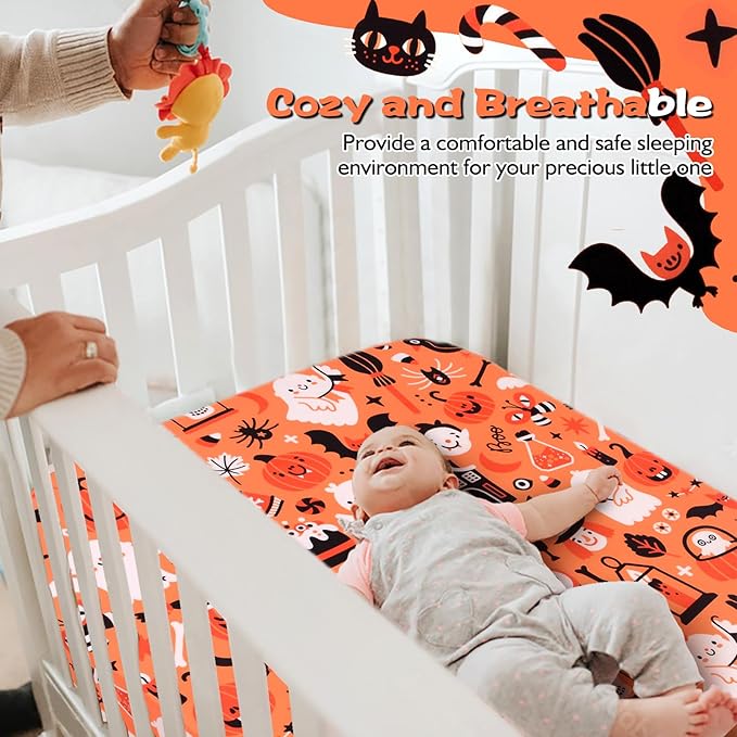 JISEN Halloween Crib Sheet Pumpkins Fitted Crib Sheet for Boys Girls Crib Mattress Cover Baby Sheet for Standard Crib and Toddler Mattress Soft Breathable Baby Bed Sheet for Neutral 52x28 Inch Ghosts