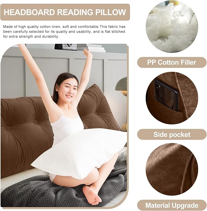 Large Triangular Headboard Pillows Long Backrest Positioning Support Bolster Cushion for Daybed Fluffy Quality Plush Body Wedge Pillow with Removable Cover(Dark brown-24x8x20in)