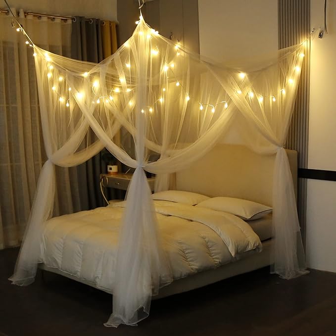 Mengersi Bed Canopy with Lights,4 Corner Post Bed Drapes Canopy for Bed,Canopy Bed Curtains Elegant Bedroom Decoration Accessories
