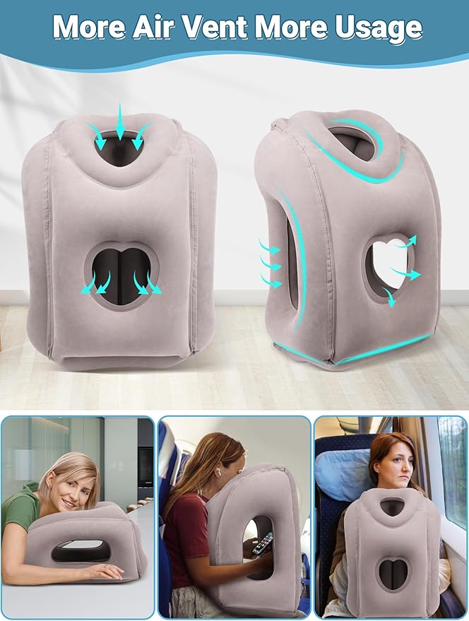 Maliton Inflatable Travel Pillow for Airplane Comfortable Sleeping to Relieve Neck and Shoulder Pain, Support Head Inflatable Pillow for Long Flights, Used for Airplanes, Cars, Trains, Office(Grey)