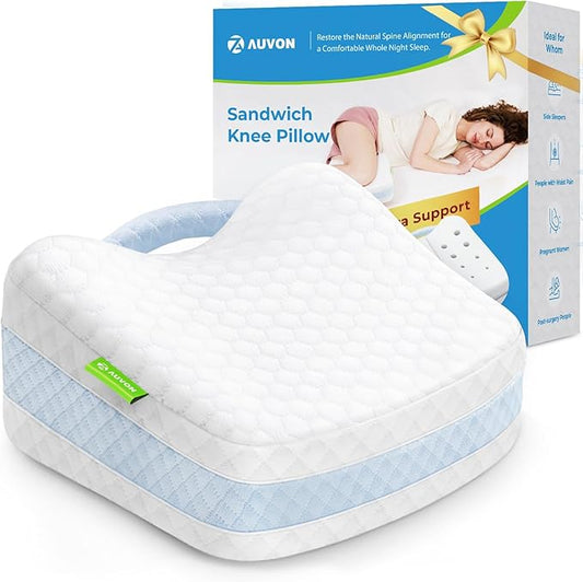 AUVON Leg & Knee Pillow for Sciatica, Back, HIPS, Joints Pain Relief, Enhanced Softness & Support Sandwhich Memory Foam Knee Pillow for Side Sleepers, Ice Silky Fabric for Sleeping Comfort