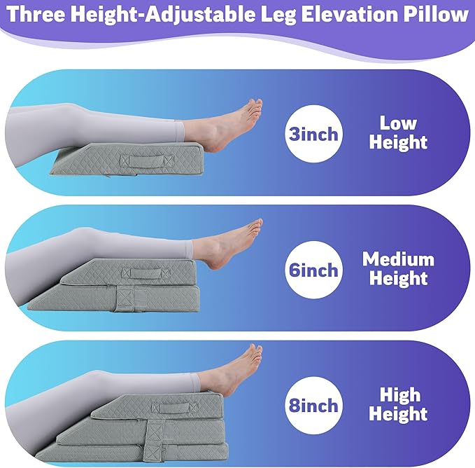 BALAPET Adjustable Wedge Pillow for Double Legs, 8" Height Elevated Leg Rest Pillow for Circulation, Supportive Bolster Pillow for Pregnancy Relieves Pressure Hip Leg Elevation, Light Grey