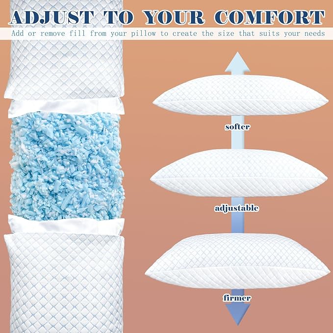 mislili Memory Foam Pillows Queen Size Set of 2, Luxury Cooling Queen Bed Pillows 2 Pack, Adjustable Frim Queen Size Pillows for Stomach Back Side Sleepers, Bed Pillows Washable with Extra Filling