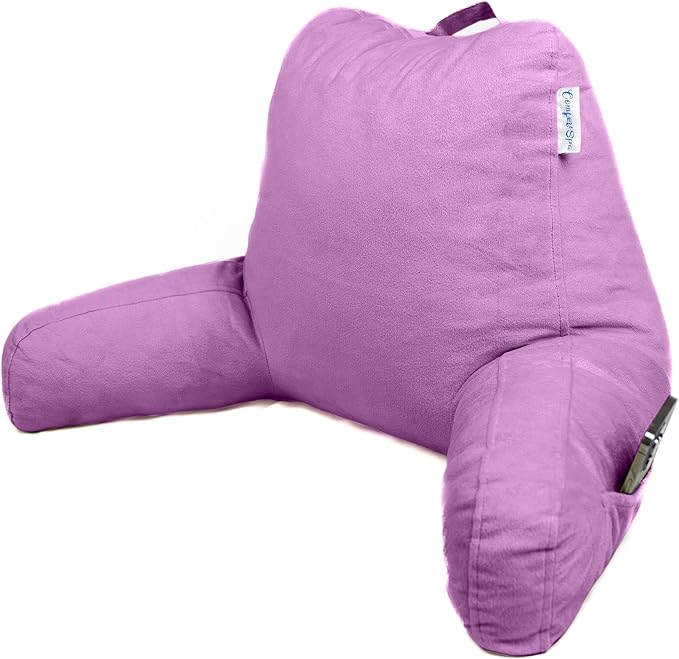 ComfortSpa Reading Pillow for Bed Adult Size, Back Rest Pillow with Arms, Pockets, Washable Cover; Use as Back Pillow for Bed Sitting Up for Bedrest or Relief from GERD Heartburn (Large Lavender)