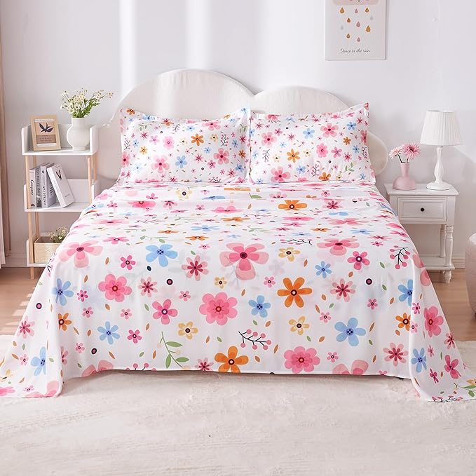 Queen Sheet Set White Colorful Floral Bed Sheets Set Cute Soft Microfiber Cooling Sheets 4 Pieces Queen Size Bed Set Wrinkle Free, 15 inch Deep Pocket Fitted Sheet, Flat Sheet, Pillowcases