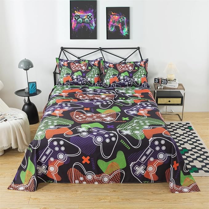 qjmiaofang Gamer Sheets Queen for Boys Gamer Sheet Set Video Game Bed Sheet Set 4Pieces Gaming Sheets Queen Gamer Fitted Sheet Gaming Bedding Set 1 Fitted Sheet 1 Flat Sheet 2 Pillowcase