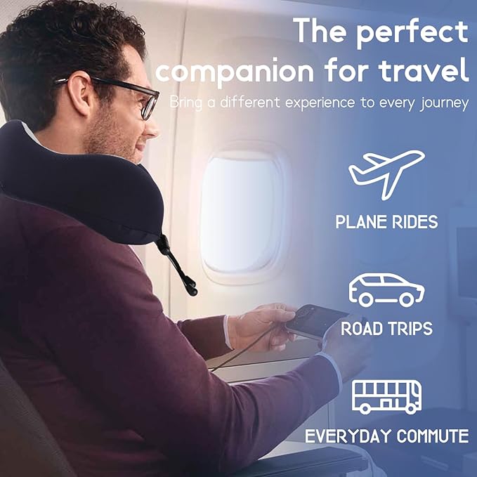 Travel Neck Pillow, Curved Ergonomic Design, Ice Silk Fabric is Comfortable and Breathable, The Pillowcase is Removable. Comes with Portable Storage Bag and Ear Plugs (Blue)