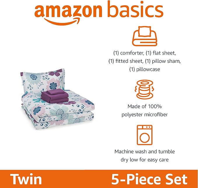 Amazon Basics 5 Piece Microfiber Kid's Bed-in-a-Bag Bedding Set, Twin, Bluish Flowers, Floral