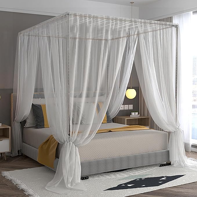 Stainless Steel Canopy Bed Frame Metal Frame with 4 Corners Design Sturdy Bed Canopy Frame for Wood Bed, Queen Size