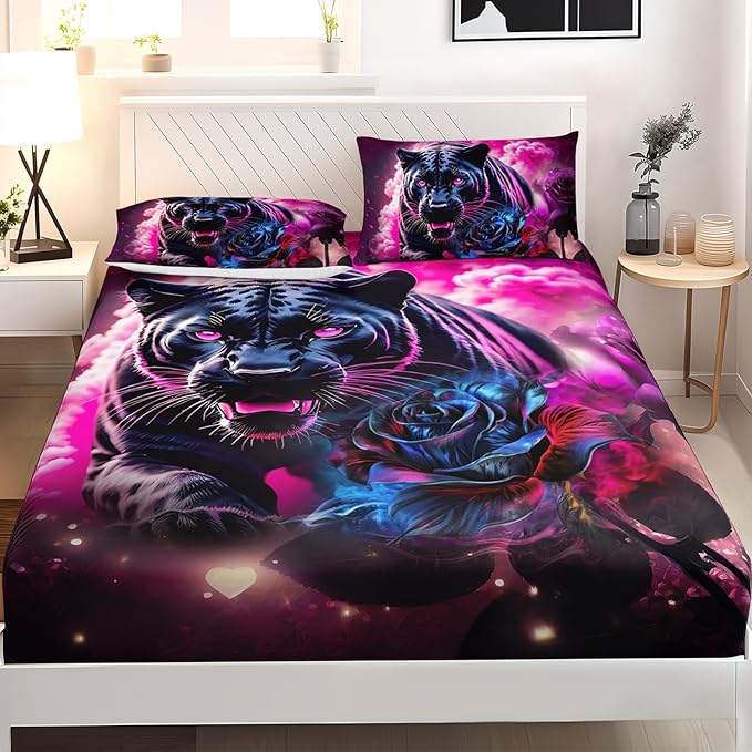 AILONEN Black Panther Fitted Sheet Set Twin Size,Red Rose Romantic Smoky Lightning Leopard Print Bed Sheet Set,Safari Animal Cheetah Fitted Sheet and 2 Pillowcases,3 Pieces
