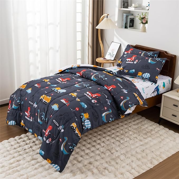 Meeting Story Construction Truck Car Full Comforter Set for Boys,5 Pieces Dinosaur Bedding Set with Sheets and Pillowcases，Excavator Lightweight Microfiber Bedding Sets（Grey，Full5pcs）