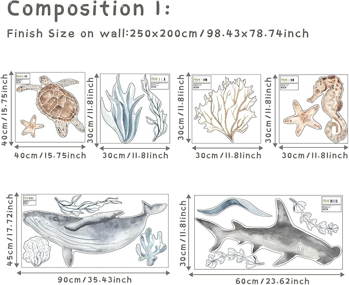 Removable Ocean Wall Stickers, Ocean Themed, Bathroom, Baby Room Sticker, Sea Animals, Removable Wall Stickers, for Baby Bedroom, Bathroom Decor