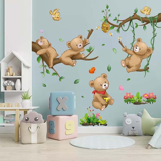 Woodland Bear Wall Stickers - Baby Animal Tree Branch Wall Decals - Nursery Kids Girls Boys Room Daycare Playroom Classroom Wall Decor