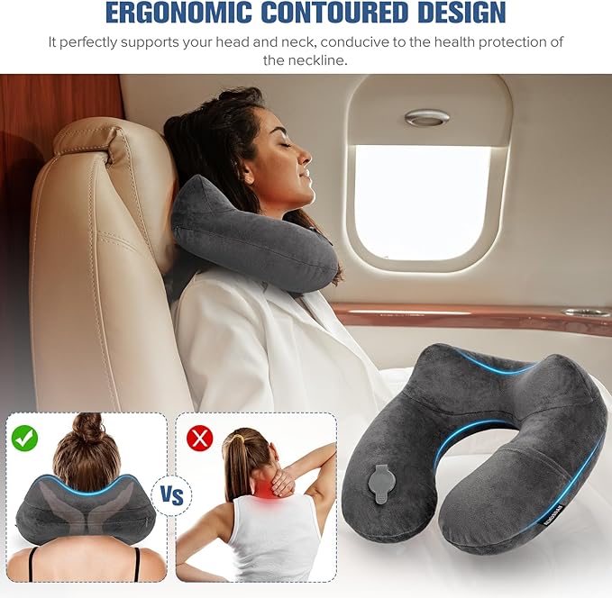 Rewondah Inflatable Travel Pillow for Sleeping Airplane - Inflatable Neck Pillow for Traveling on Plane with Washable Cover, Blow up Neck Travel Pillow for Airplanes, Cars - Portable and Comfortable
