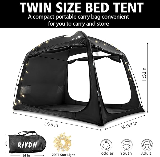 Bed Tent Bed Canopy Breathable 100% for Adult and Kids Light Reduction Sleeping Dream Tents Indoor Portable Big Space with String Light 3 Doors Twin Full Queen King Size
