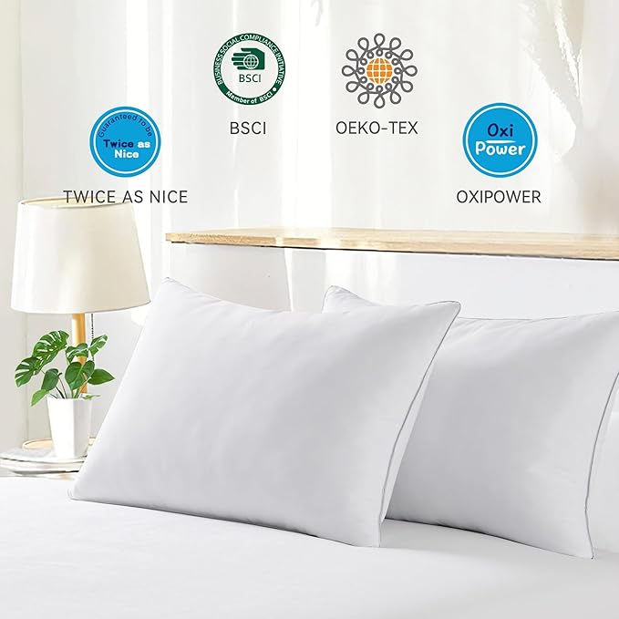 puredown® Goose Feathers Bed Pillows, 100% Cotton Cover, Standard Size Hotel Collection Pillows Set of 2 for Sleeping with Silver Piping, Feather and Polyester Filling