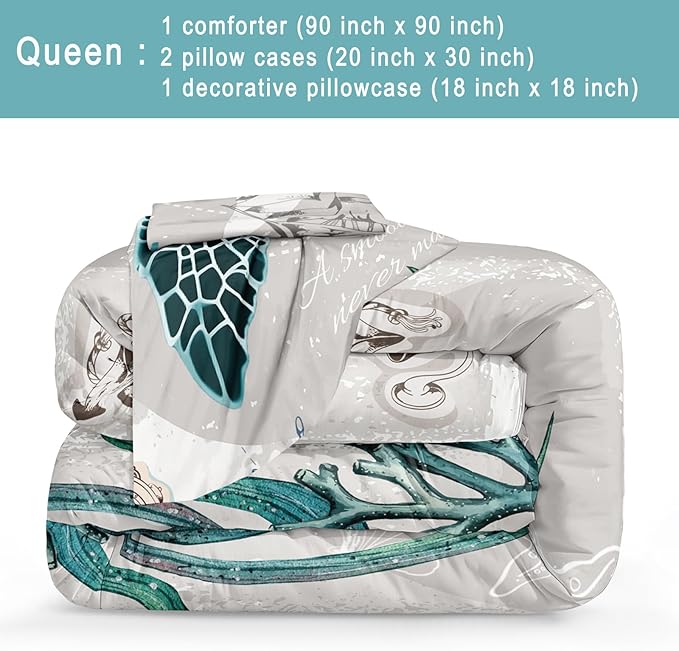 Bedbay Coastal Bedding Set Sea Turtle Comforter Set Queen Size for Girls Boys Soft Lightweight Ocean Bedding Quilt Set Beach Room Decor 4 Pcs Retro Turtle Beach Theme Duvet Insert(Turtle,Queen)