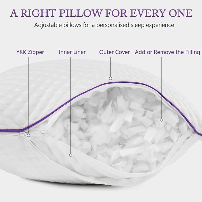 BPC Cooling Shredded Memory Foam Pillow Queen Size - Adjustable Medium Firm Pillow with Removable Cover Bed Pillows for Sleeping Side Stomach and Back Sleepers, CertiPUR-US