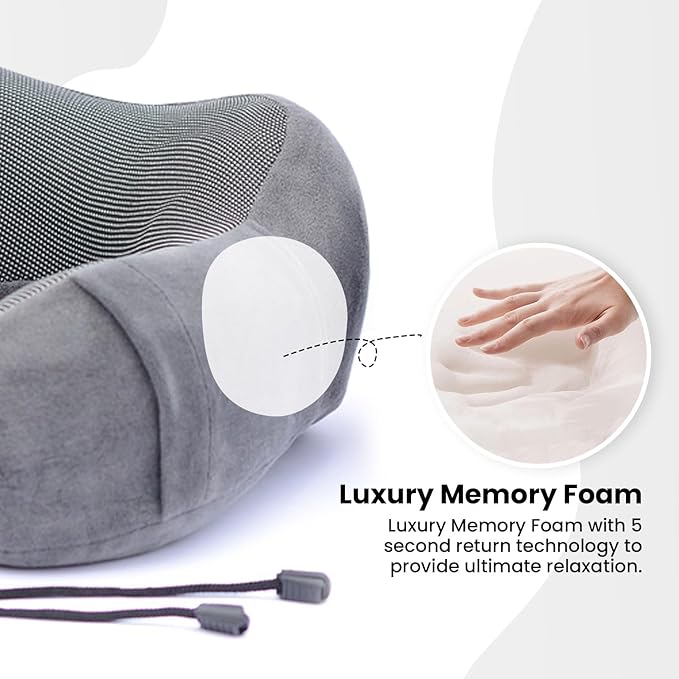 Travel Neck Pillow Memory Foam with Velvet Cover for Relaxing Journeys - Neck Pillow for Airplane,Car,Bus,Train,Comfortably Head Supports, Portable and Washable (Gray)