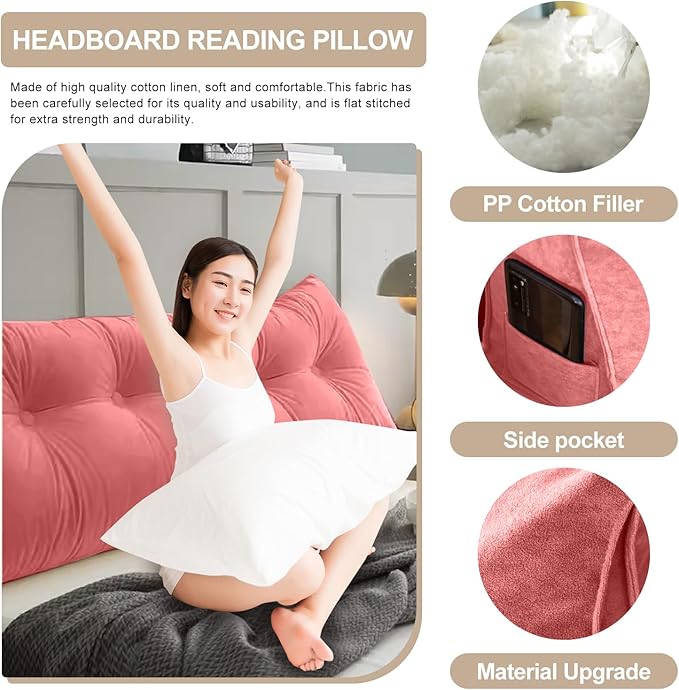 Large Triangular Headboard Pillows Long Backrest Positioning Support Bolster Cushion for Daybed Fluffy Quality Plush Body Wedge Pillow with Removable Cover(Rusty Red -Queen-59x8x20in)