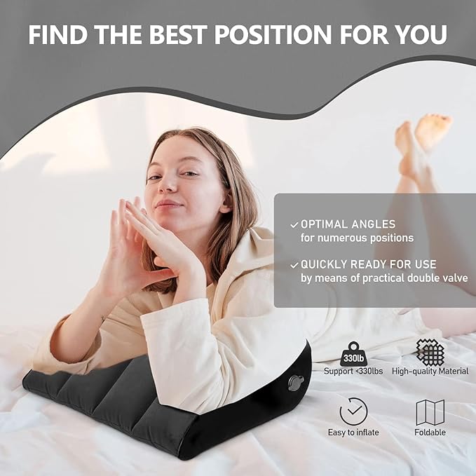 Inflatable Wedge Pillow - Leg Pillow for Sleeping, Leg Elevation Pillow, Lumbar Pillow Reduces Waist and Back Pressure, Portable Wedge Cushion for Sleeping, Bed, Travel, Camping, Black