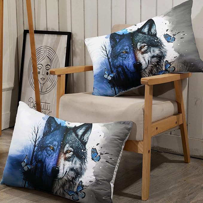 AILONEN Wolf Fitted Sheet Set Twin Size Tie Dye Wolf Sheet Set for Boys Girls,Animal Wolf Wildlife Bed Sheet with 2 Pillowcases,3 Pieces Watercolor Wolf Print Bed Sheet Set